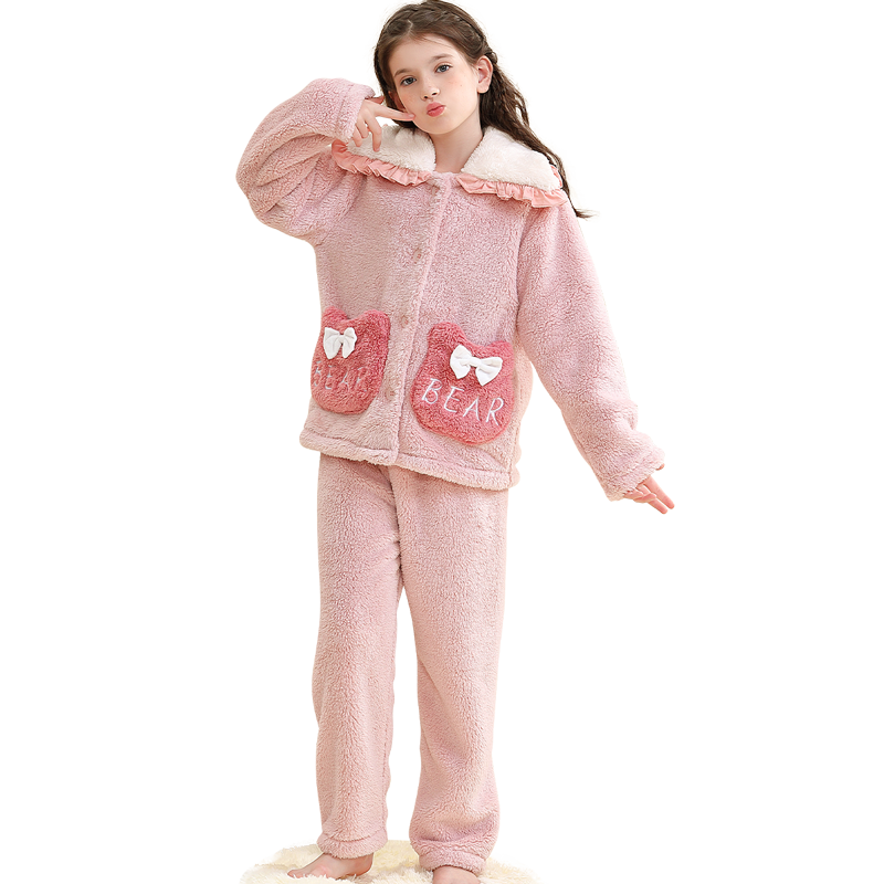 LangSha [Flannel] Children's Pajamas for Girls, Autumn And Winter Thick Warm Sleepwear Set for Older Girls And Teens