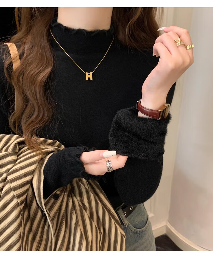 XUEXIMAN Knitted Sweater for Women, 2025 New Style, Solid Color Inner Layer, Semi-Turtleneck Top, Versatile Ruffle Trim Base Layer for Spring And Autum 15