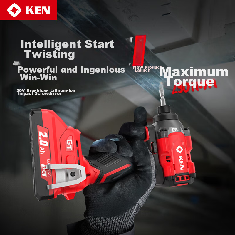 KEN 20V Brushless Lithium-Ion Impact Driver, 6720 Cordless Screwdriver, 230 N·m High Torque Electric Screwdriver