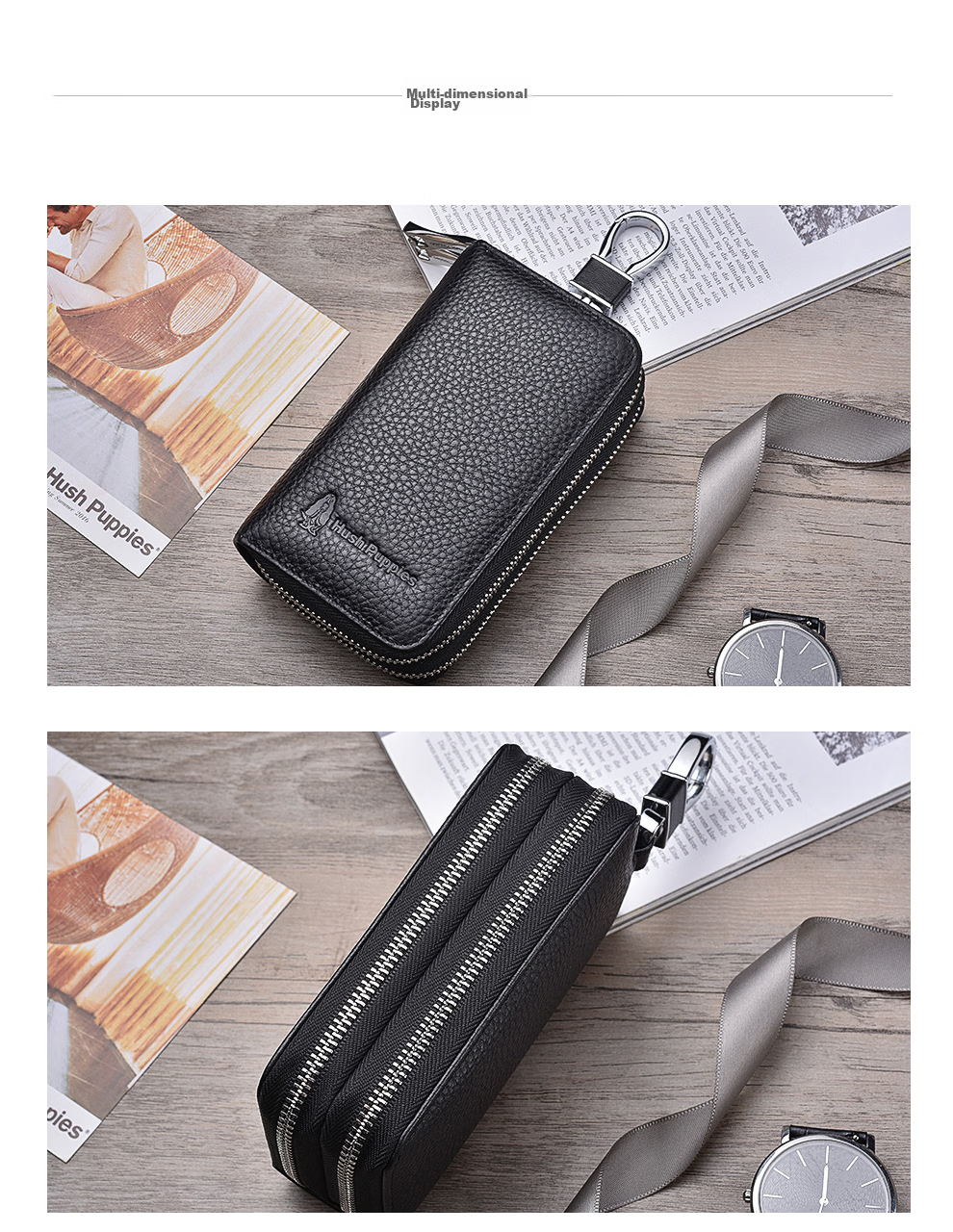 Hush Puppies Key Case for Men, Top-Grain Leather, Business Casual, Double-Layer Large Capacity Car Key Holder, Coin Purse, Birthday Gift 7
