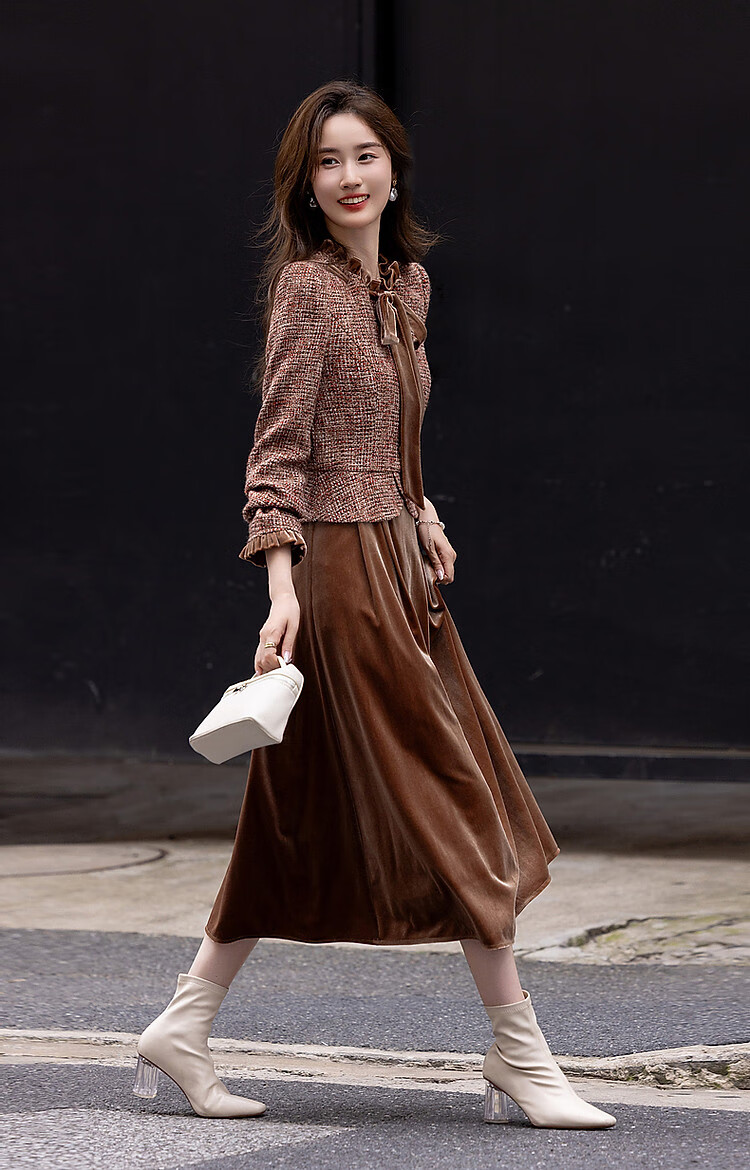 DME Winter Elegant Little Chanel Style Wool Blend Faux Two-Piece Ribbon Collar Ruffle Edge Dress Brown Red XL 8