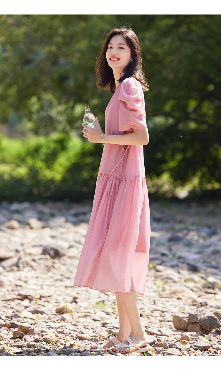 Dme Tencel Doll Dress, French Puff Sleeve, Flowing Tie-Waist Dress for Women, Sheer Pink, L 6