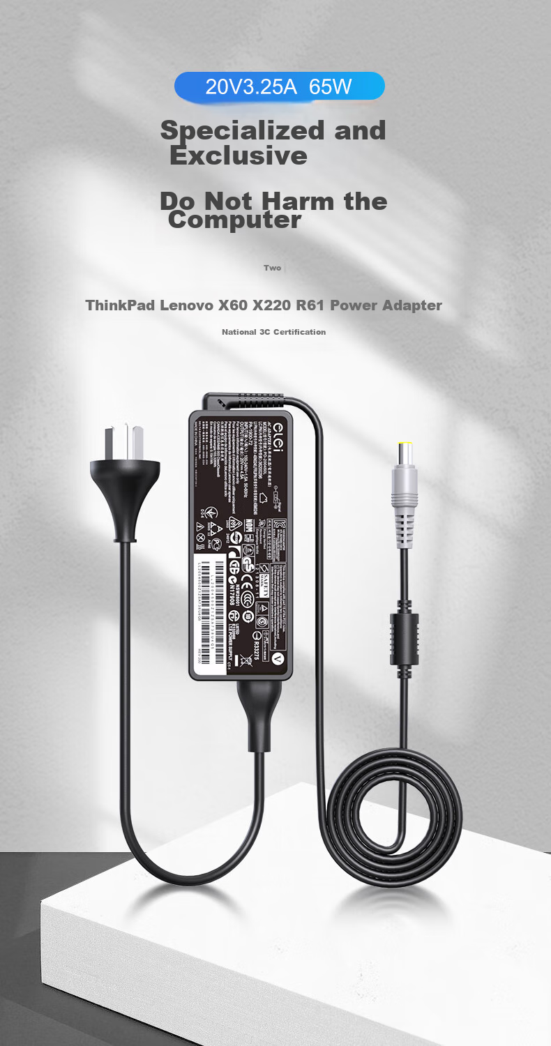 Elei Laptop Charger, Compatible with Lenovo Thinkpad T430S/X201/X220/X230/R61/X60/X61T Computers, Adapter, 20V 3.25A 65W Power Cord, Round Plug 1