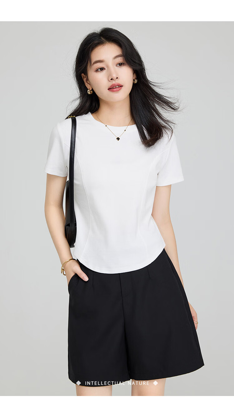 TUCANO Women's Regular Shoulder Short Sleeve T-Shirt, Summer Round Neck with Irregular Hem Design, Slim Fit Inner Layer Top, White, 2XL 7