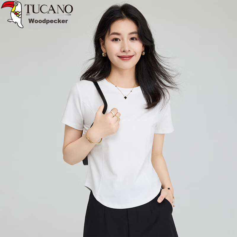 TUCANO Women's Regular Shoulder Short Sleeve T-Shirt, Summer Round Neck with Irregular Hem Design, Slim Fit Inner Layer Top, White, 2XL