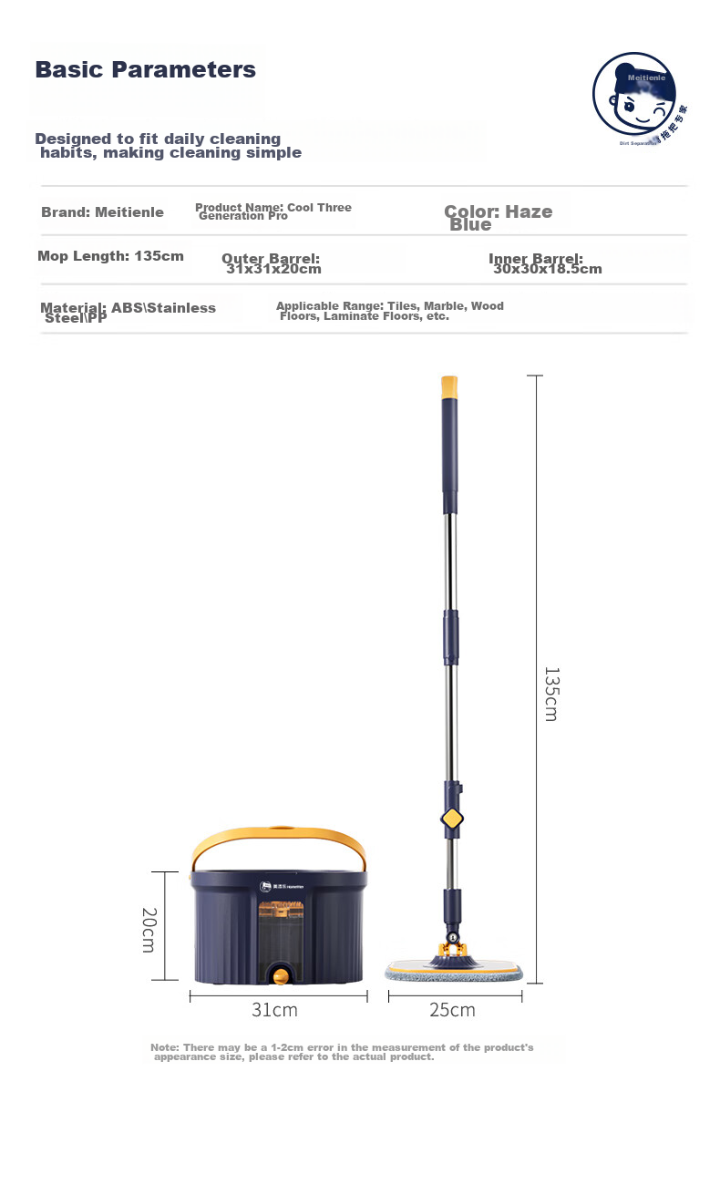 HoMettler Clean And Dirty Separation Rotating Mop, 3 Cloths, 135cm Handle Length, Household All-In No Hand Washing Mop, Flat Lazy Person Mop 18