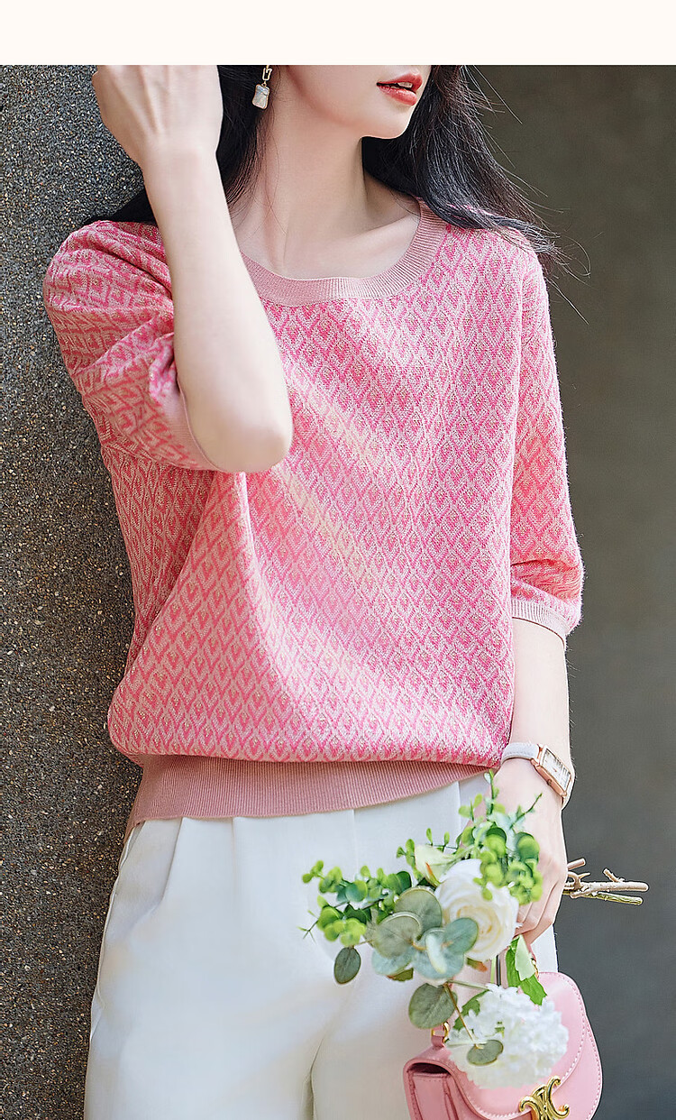 Dme [Dopamine Outfit] Summer New Girly Round Neck Diamond Pattern Knit Sweater, Golden Thread Jacquard Knitted Top for Wome 10