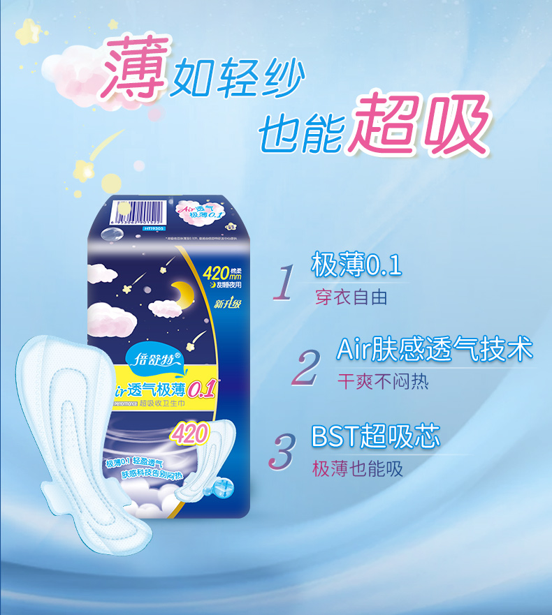 倍舒特超吸收棉薄超长夜用卫生巾420mm共15片新老包装随机发货