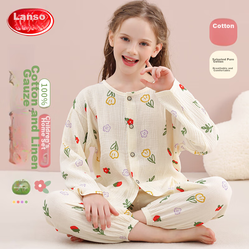 LangSha Children's Pajamas for Girls, Summer Pure Cotton Gauze Sleepwear for Older Children And Teenagers, Home Wear Set with Long Sleeves, Suitable for Outdoor Wear