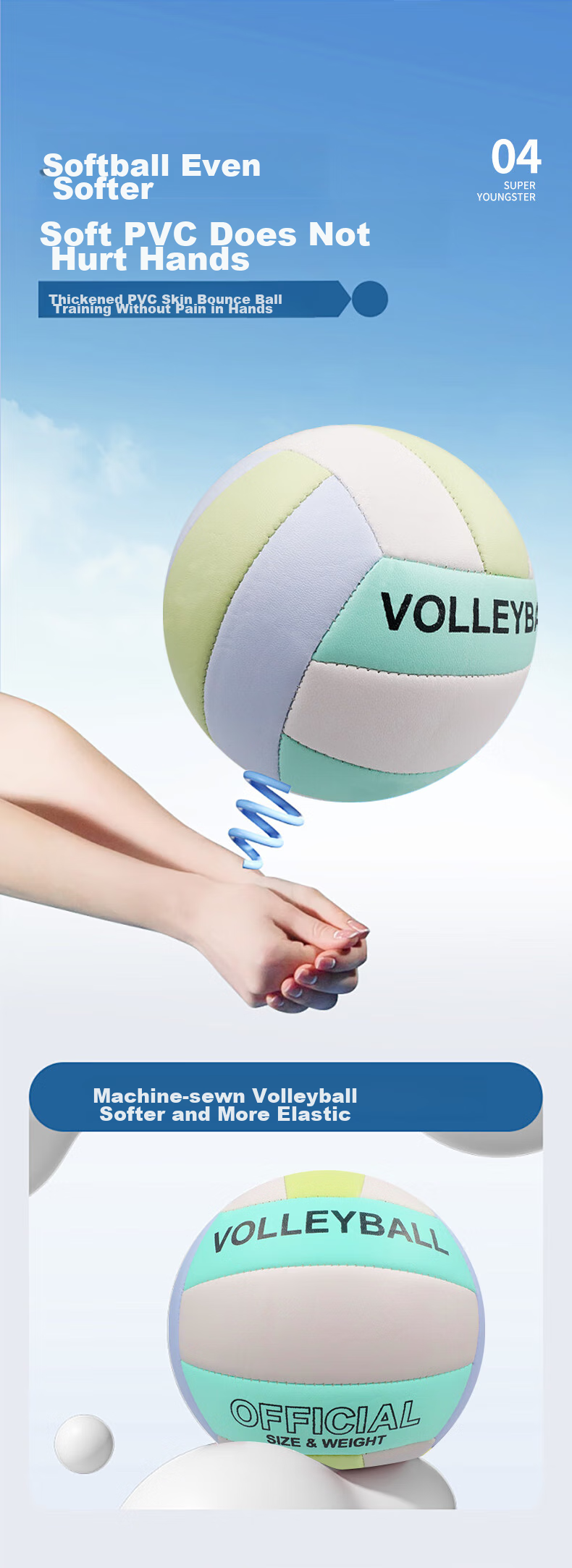 CAMEWIN Volleyball, Size 5, for Middle School Students, Machine-Stitched PVC Beach Volleyball, Thickened Macaron Color, Hard Volleyball for Competition Training, Size 5 Soft Volleyball 5