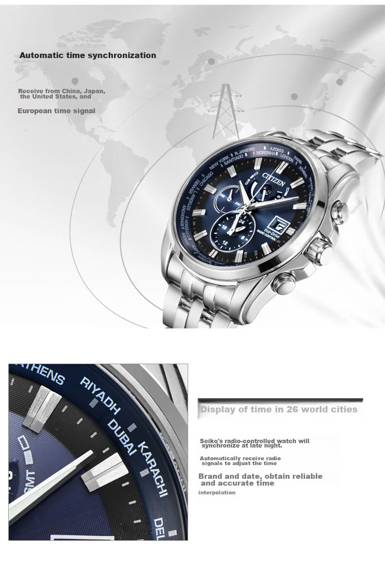 CITIZEN Watch for Men, Japanese And Korean Style, Eagle in The Sky, Eco-Drive, Radio-Controlled Steel Band, Black Dial, Gift for Boyfriend, AT9127-80E 6