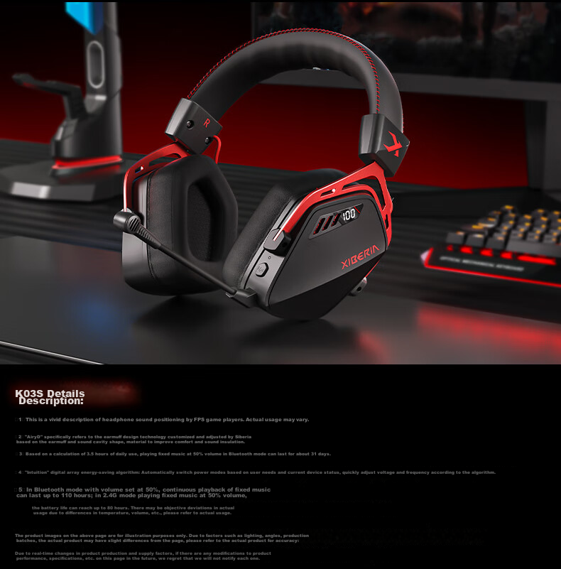 XIBERIA K03S Quad-Mode Gaming Headset with Visual Battery Indicator, Bluetooth Wireless Over-Ear E-Sports Triangular Sound Positioning Warrior Black [Recommended by Xiaodingdang] 19