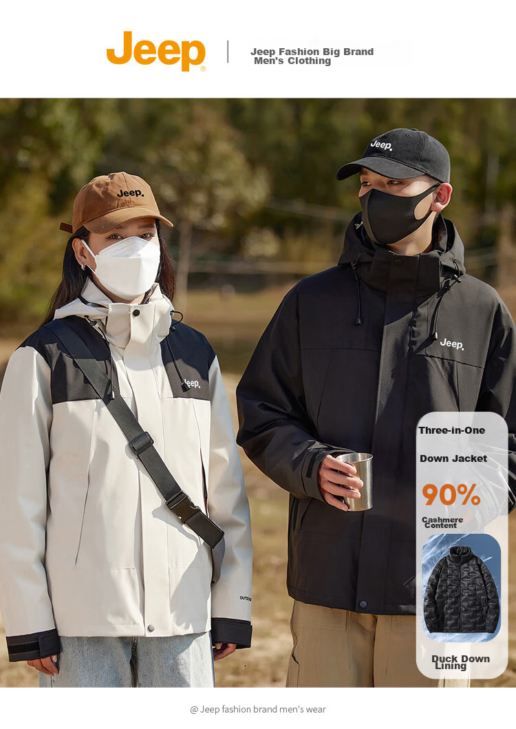 JEEP Unisex Couple Winter 3-in-1 Down Jacket Black L 2