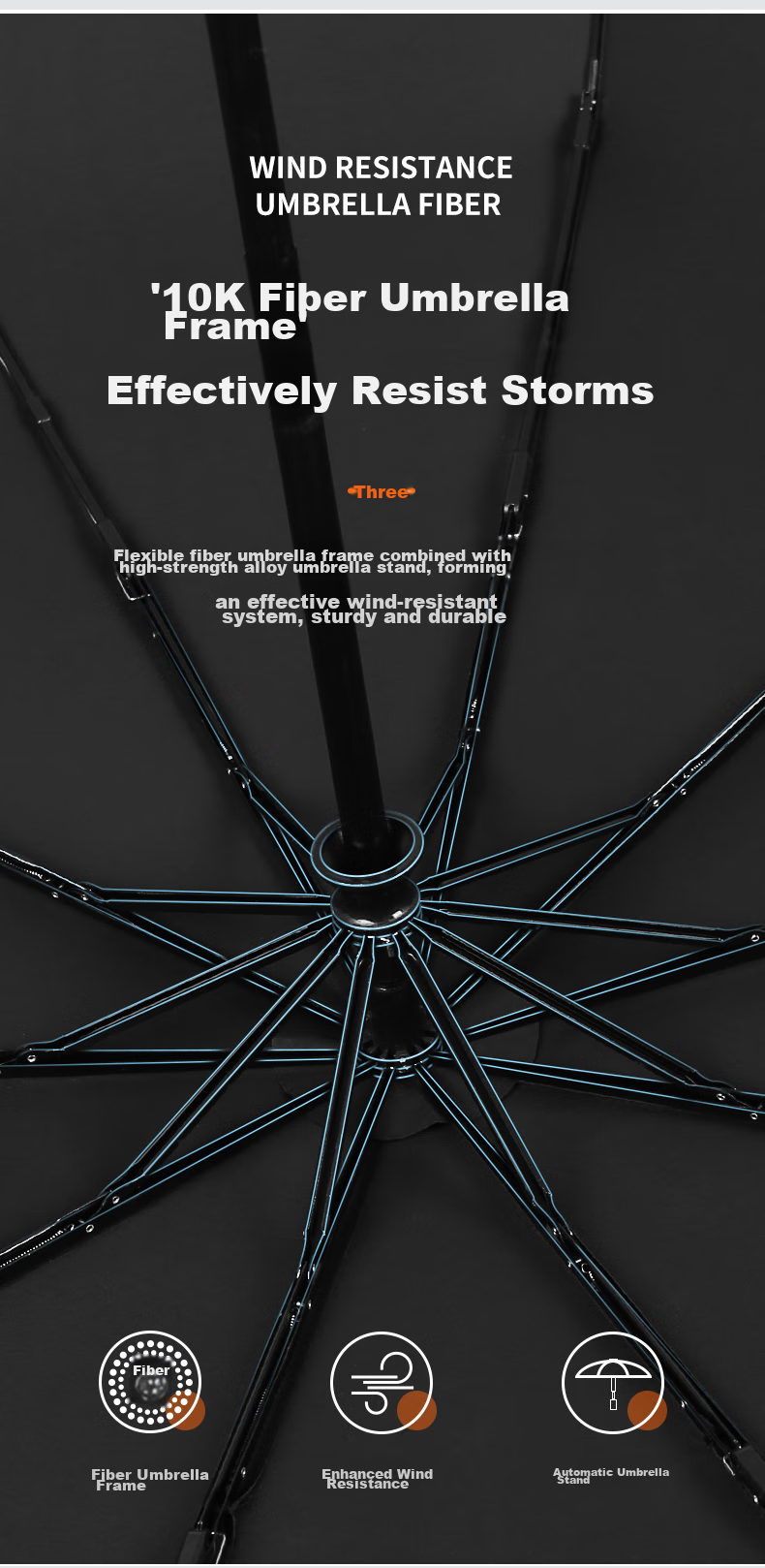 MAYDU Umbrella, Fully Automatic, Large Size, Reinforced, Thickened, Sturdy, Windproof, 10 Ribs, Tri-Fold, M3219 Black 4