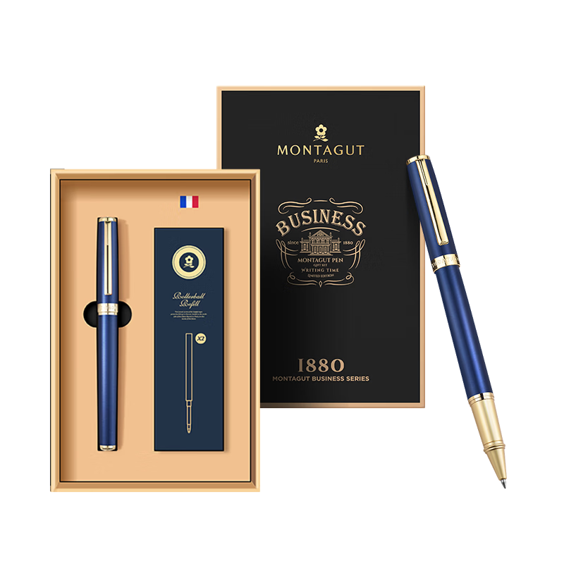 MONTAGUT [Mid-Autumn Festival Gift] Signature Pen, Business Ballpoint Pen Gift Box, Black Replacement Refill, Writing Signature Pen, Liliya Series Blue 0.5mm