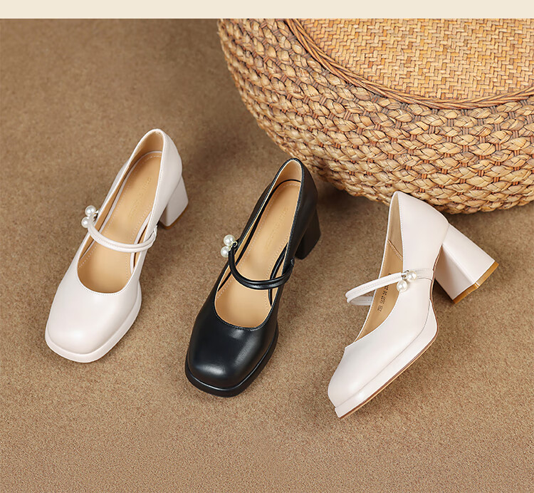 ZHR Mary Jane Shoes for Women, Spring And Autumn Retro French-Style Chunky High Heel Pumps, Square-Toe Elegant Women's Shoes, CQ61 Black, Size 35 18