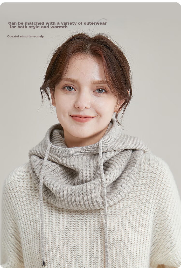 JIUMU Pure Wool Warm Knit Hat for Women, Autumn And Winter Balaklava Knitted Cap, Cold-Proof Hood with Integrated Neck Warmer 6