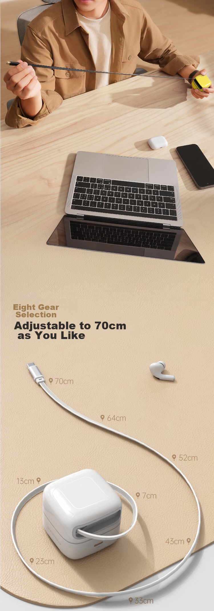 WOPOW [Built-In Retractable Cable] 65W GaN Desktop Charger, Multi-Port PD Fast Charging, Low Temperature Operation without Heating, Suitable for Apple Huawei Xiaomi Android Laptops, White 9
