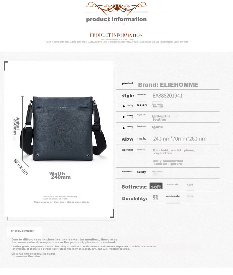 ELLE HOMME Business Men's Shoulder Bag, Top-Grain Leather Fashion Crossbody Bag, Large Capacity Vertical Men's Bag 01941 Blue Birthday Gift for Boyfriend 9