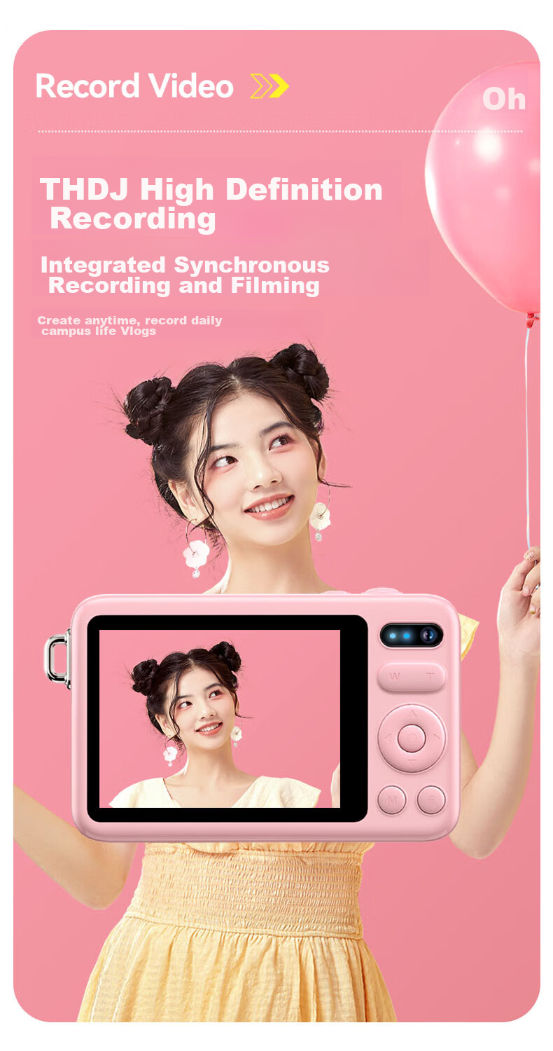 Aigo E3 Student Digital Camera, Compact Card Camera for Girls, High-Definition Campus Travel Birthday Gift Alternative, CCD Dual Rear Cameras with Selfie Function, 32GB Pink 10