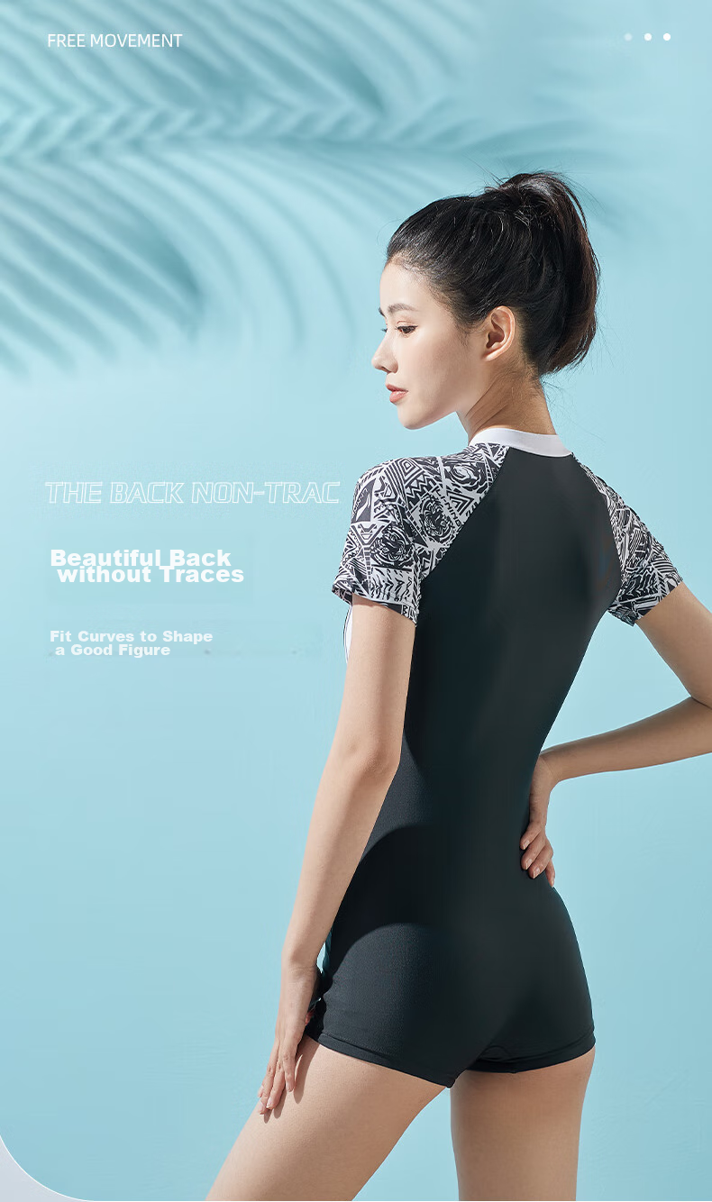 Li-Ning One-Piece Swimsuit for Women, Athletic Boyshort Swimwear, Conservative Slimming Comfortable High-Elastic Hot Spring Swimwear 023 Black And White M 9