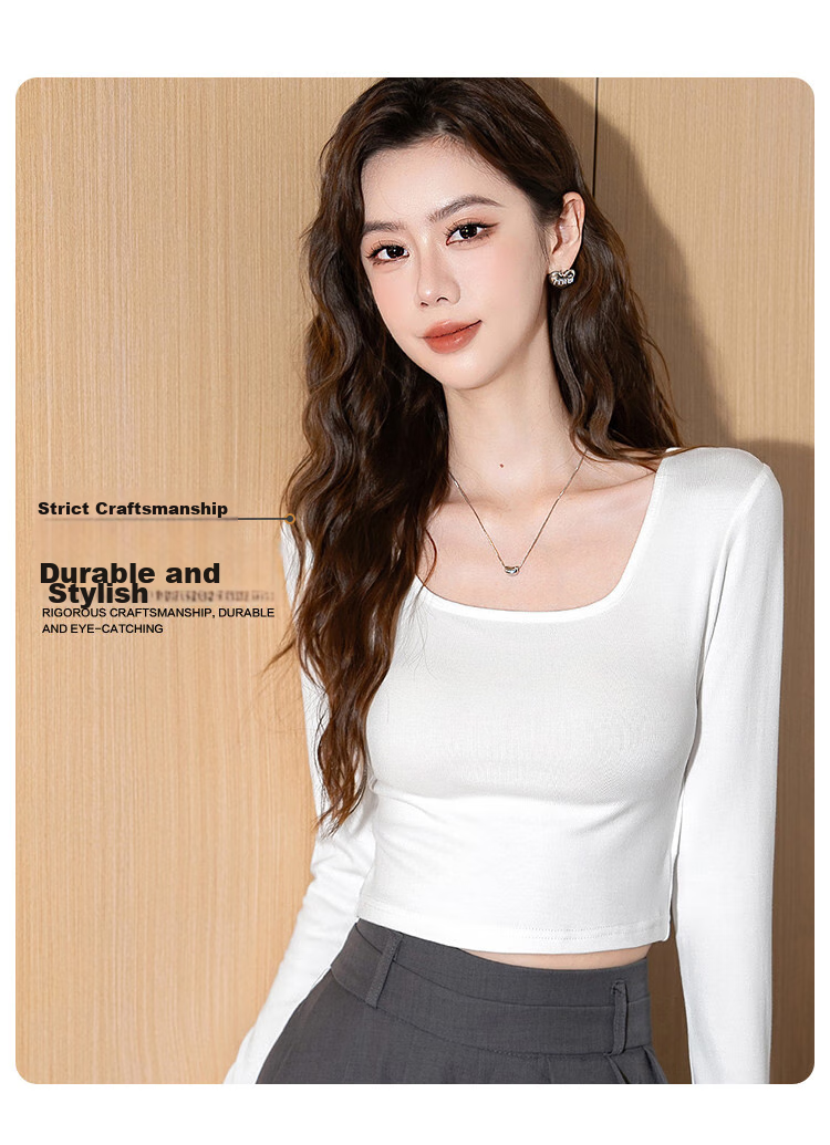 NOME Straight Shoulder Square Neck T-Shirt for Women, Inner Layer Undershirt, Spring Autumn Summer Tight-Fitting Hot Girl Long Sleeve Short Top, Black, Size S 6