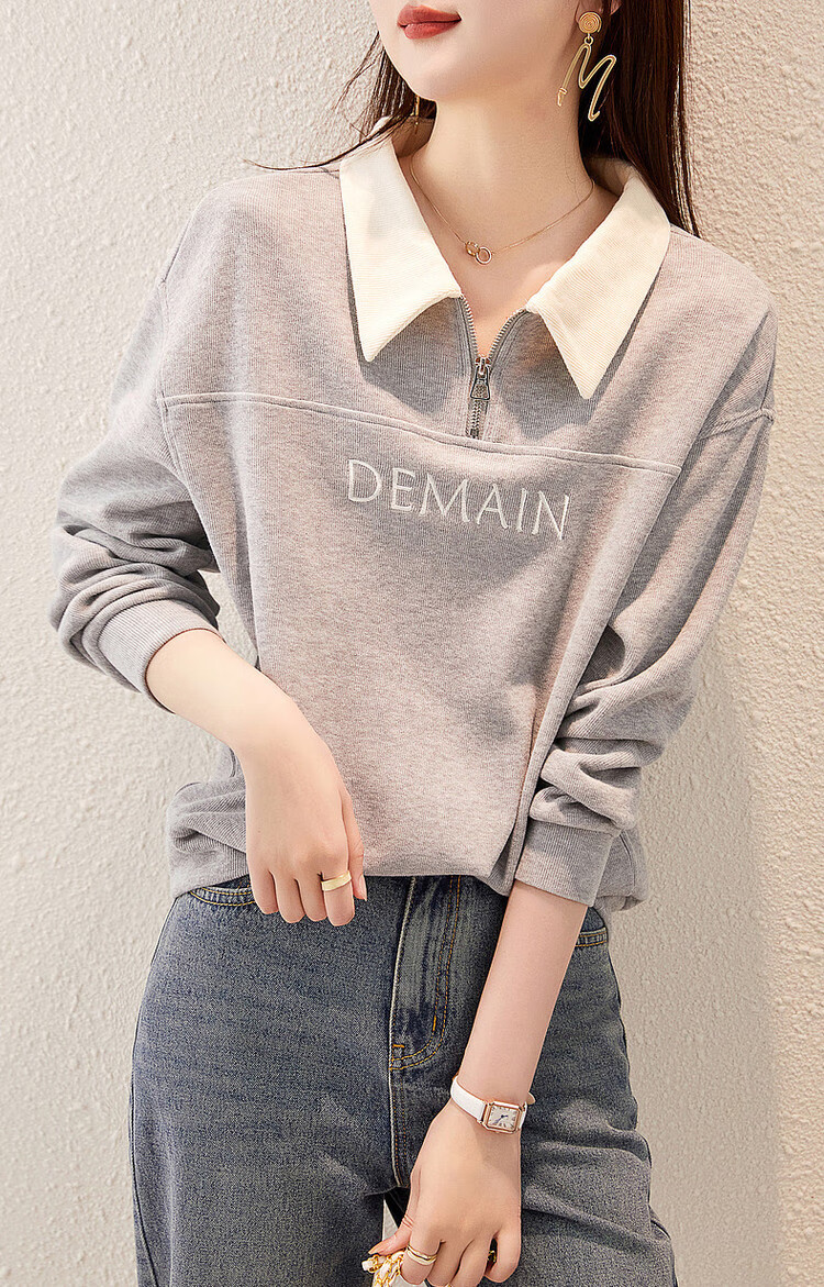 Dme [Elegant Letter Embroidery Sweatshirt] Spring And Autumn Commuter Style, Turn-Down Collar Long Sleeve Patchwork Women's Sweatshirt, Light Blue, XL 20