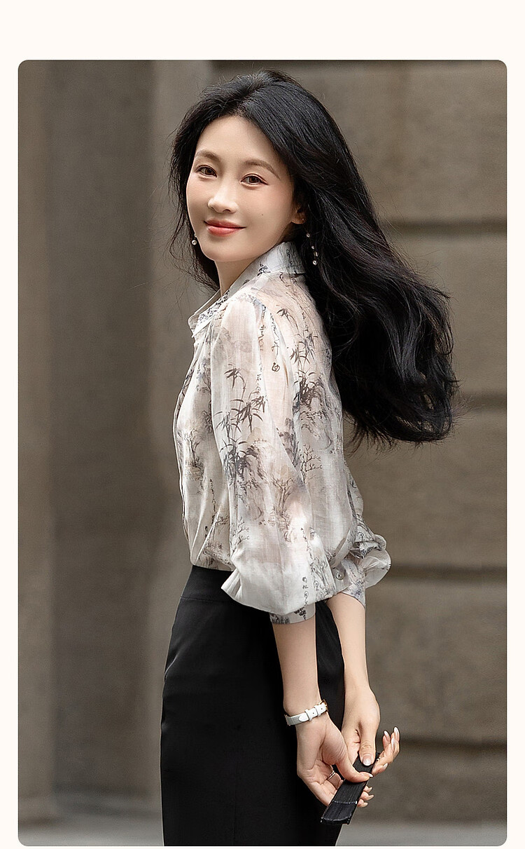 Dme [Tiansi Lianren] Autumn Chinese Style New Light-Weight Lyocell Blend Shirt, Printed Pleated Blouse, Women's Top 3