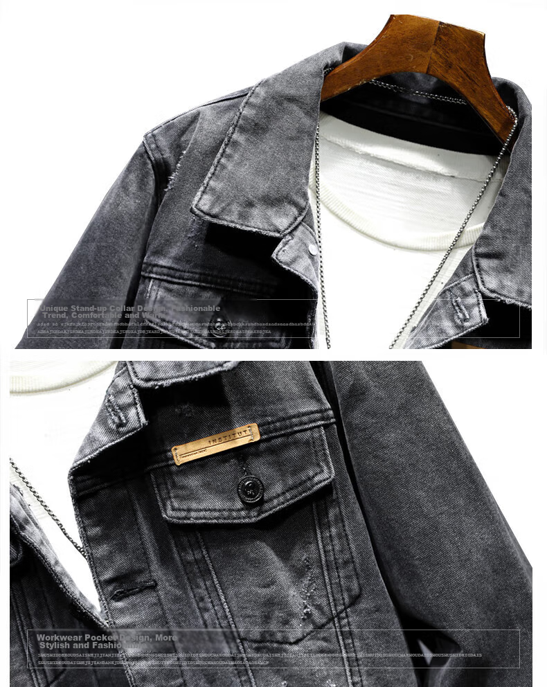Jeanswest Denim Jacket for Men, 2026 Autumn Korean Style Trendy Loose Versatile Casual Denim Workwear, Black And Gray, Size L 15