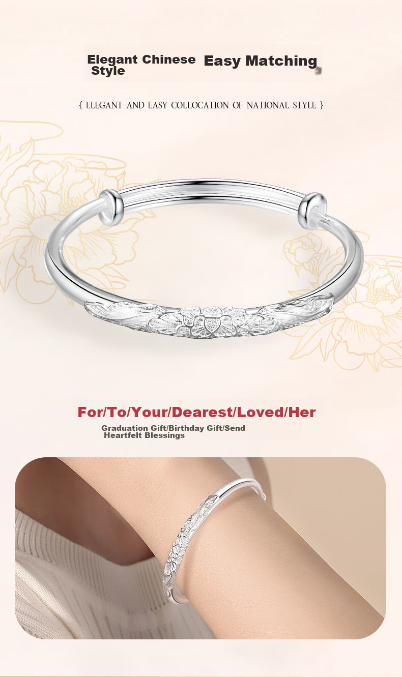 Sino Gem Sino Gem Mid-Autumn Festival Gift Peony Flower Silver Bracelet for Women, 999 Fine Silver Bangle, Gift for Girlfriend, Approximately 30g 4