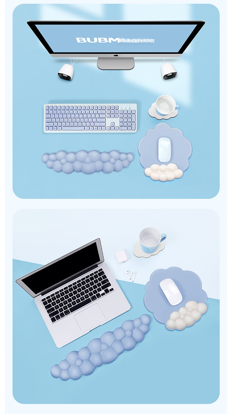BUBM Wrist Rest Keyboard Hand Support Memory Foam Mouse Pad, Women's Mouse Hand Rest Wrist Support Gaming Pad Comfortable Cloth Surface Cute Non-Slip Texture Ergonomic Wrist Rest for Men, Smog Blue + Purple 14