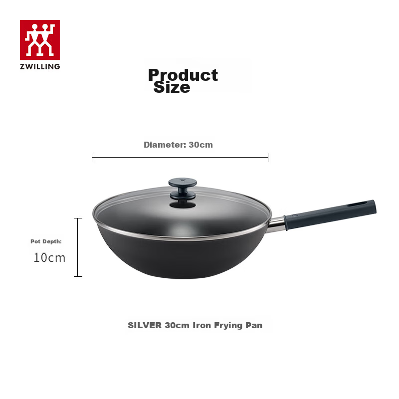 ZWILLING Iron Wok, Non-Coated, Suitable for Induction And Gas Stoves, Silver Iron Wok, 30cm