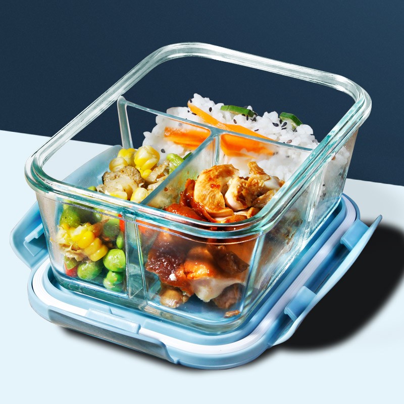 Chuangde Heat-Resistant Glass Food Storage Container, Microwave-Safe Lunch Box, Refrigerator Organizer Bento Bowl Meal Container, Heightened 3-Compartment 1020ml