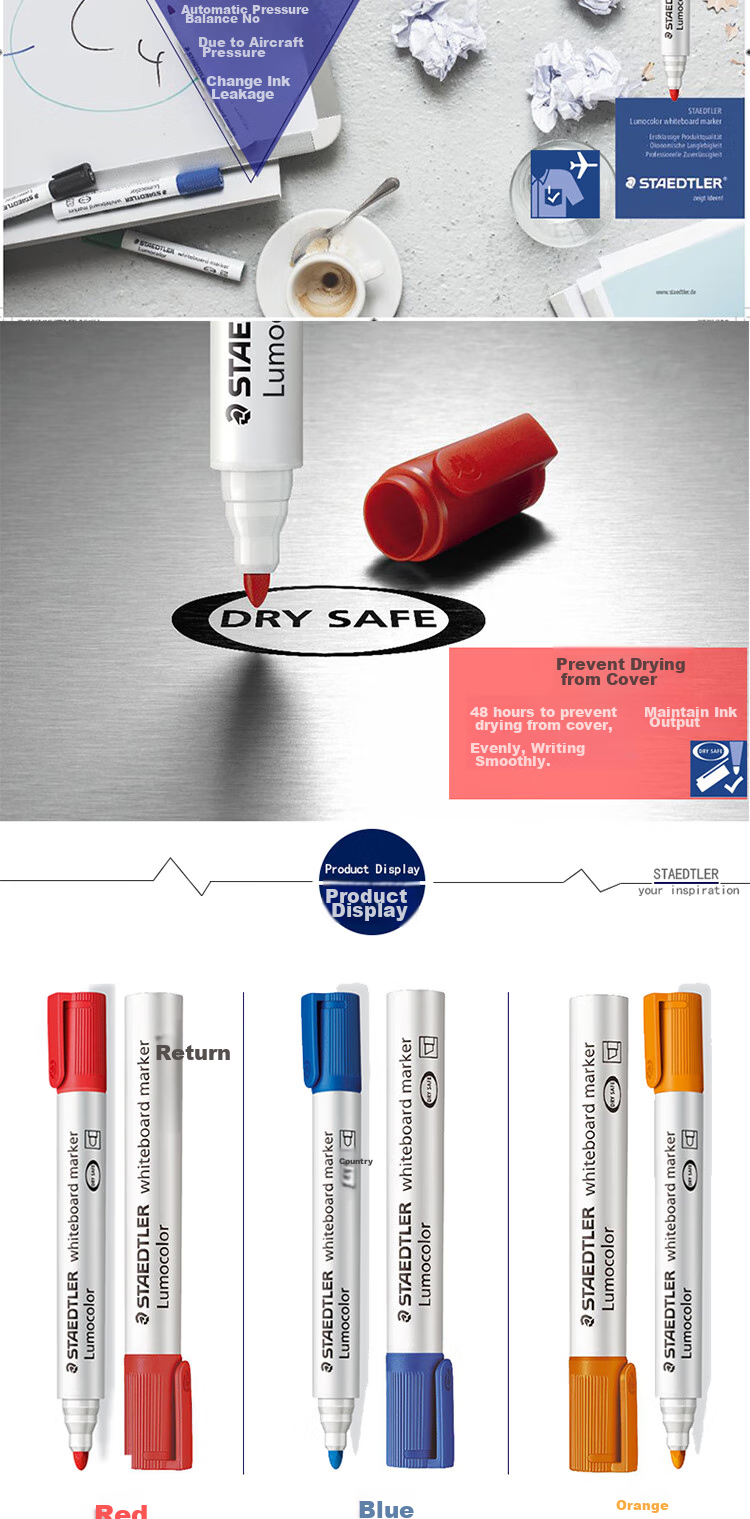 STAEDTLER Erasable Whiteboard Marker 2mm Dry-Resistant Color Marker Pen Office Meeting Pens - Black, Red, Blue, Green, 1 Each 351WP4 4