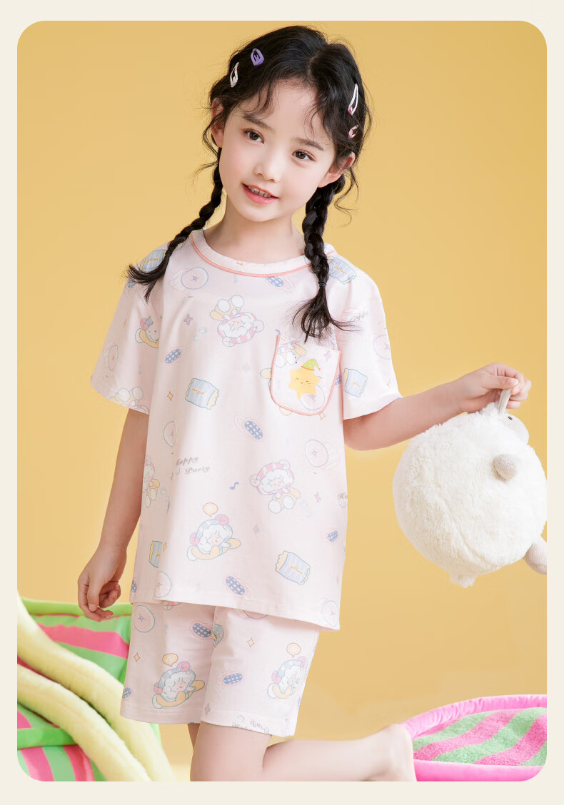 Fenteng Kids Pajamas Girls 100% Cotton Summer Round Neck Loose Cartoon Short Sleeve Shorts Homewear 13