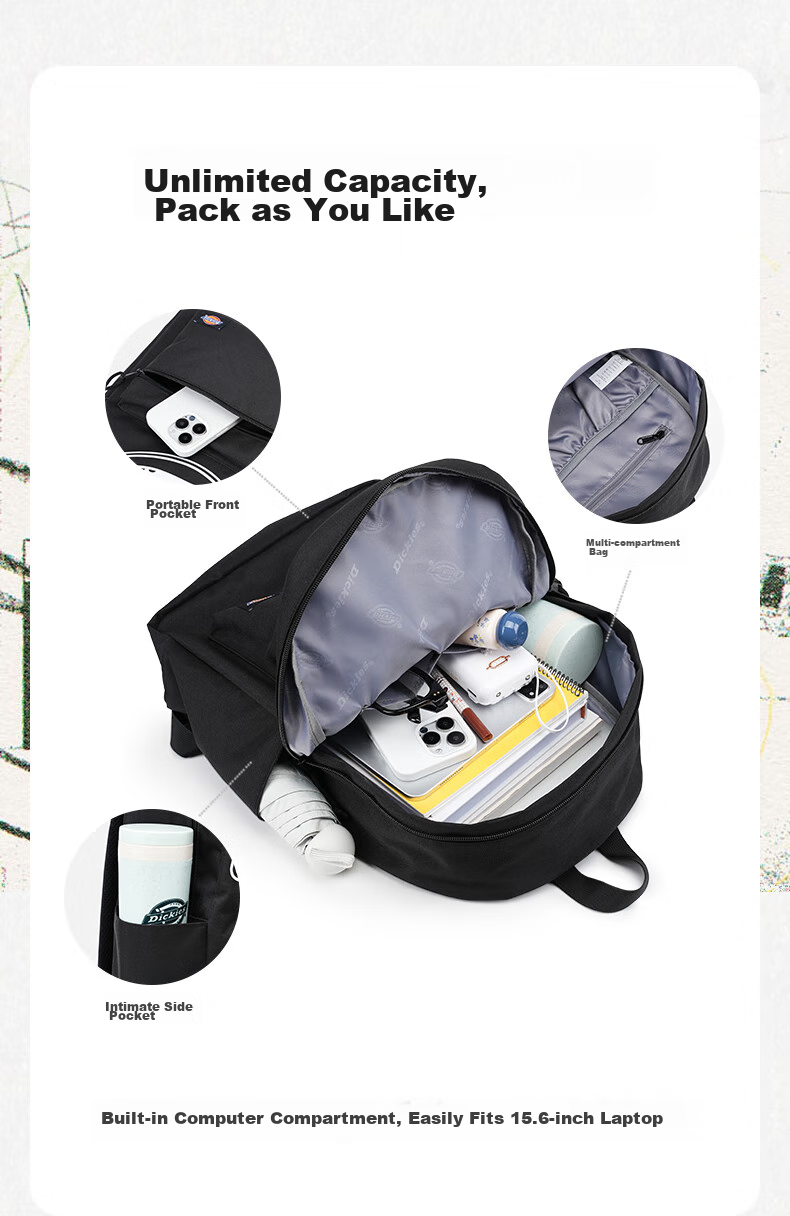Dickies Backpack for Women DK Hidden Compartment Large Capacity School Bag with Multiple Compartments for Middle And High School Students Lightweight Casual Outdoor Travel Bag 6