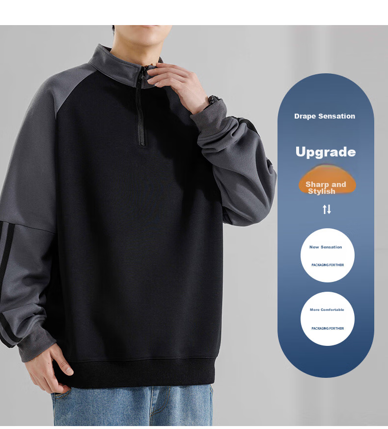 MMOPTOP American-Style Half-Zip Sweatshirt for Men, Spring And Autumn Season, Contrasting Color Raglan Sleeve, Loose Casual Top, 8905 Black L 3