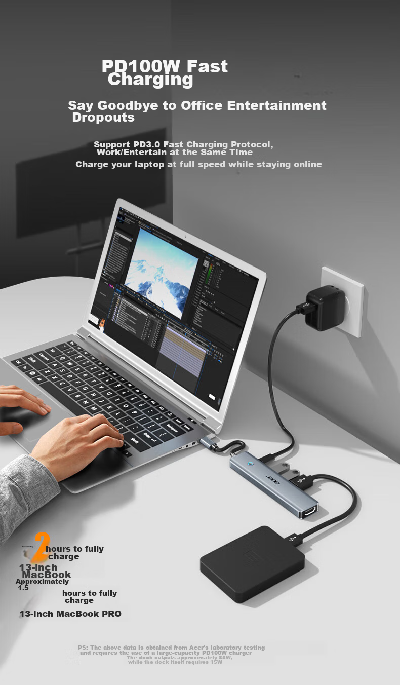 Acer Type-C Expansion Dock, USB3.0 Hub, HDMI Adapter, 4K Screen Mirroring, PD Charger, Compatible with MacBook And Huawei Computers, Five-In Converter 6