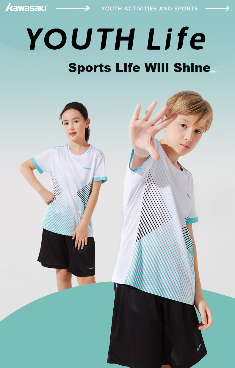 KAWASAKI Badminton Outfit Set for Children And Teenagers, Sports Quick-Dry Short-Sleeve T-Shirt Training Wear A4806 White And Black 160 1