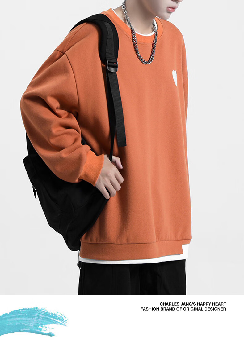 Chaersitaoxin Crew Neck Sweatshirt, Unisex Couple Matching Style, Long Sleeve, Solid Color, Simple Loose Fit, Faux Two-Piece Knit Top, Black, L 10