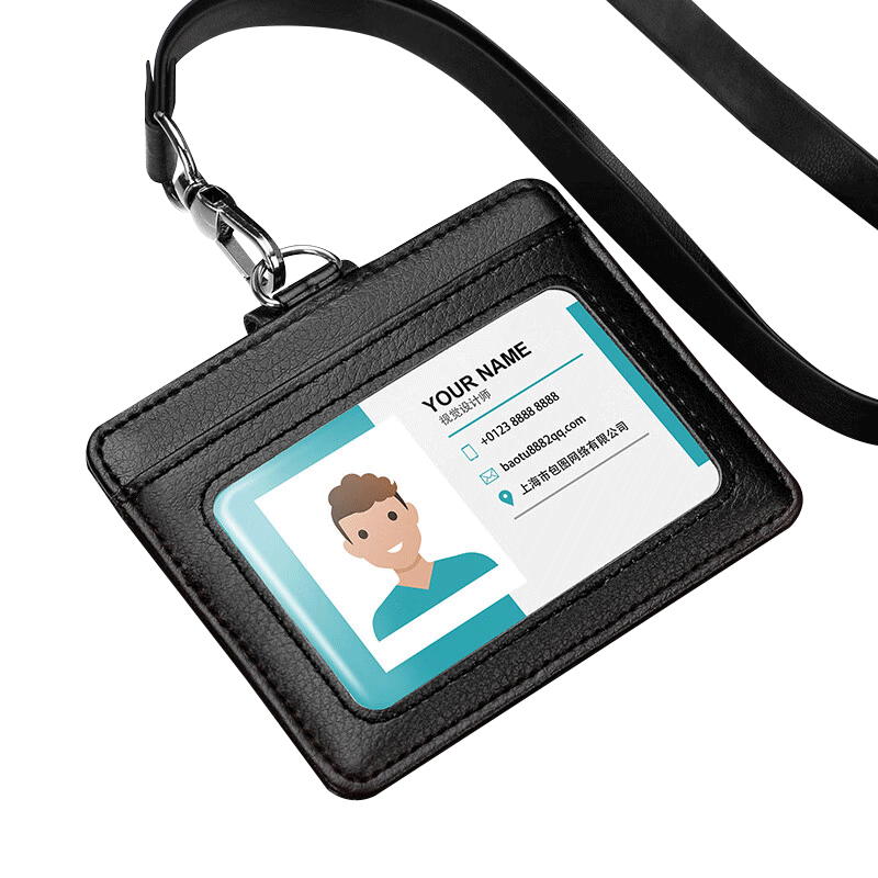 Longe Genuine Leather Work Badge, Cowhide ID Card Holder, Business Employee Name Tag with Storage Slot, Neck Strap Badge, Conference Access Card, Work Permit Holder, Customizable Corporate Logo