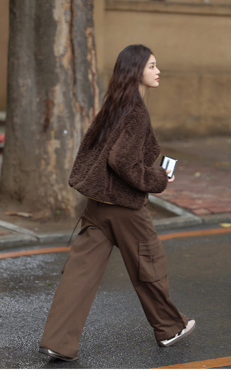 Dme Vintage Plush Jacket Autumn And Winter Style Irregular Arc Zipper Faux Sherpa Coat for Women Coffee Color L 9