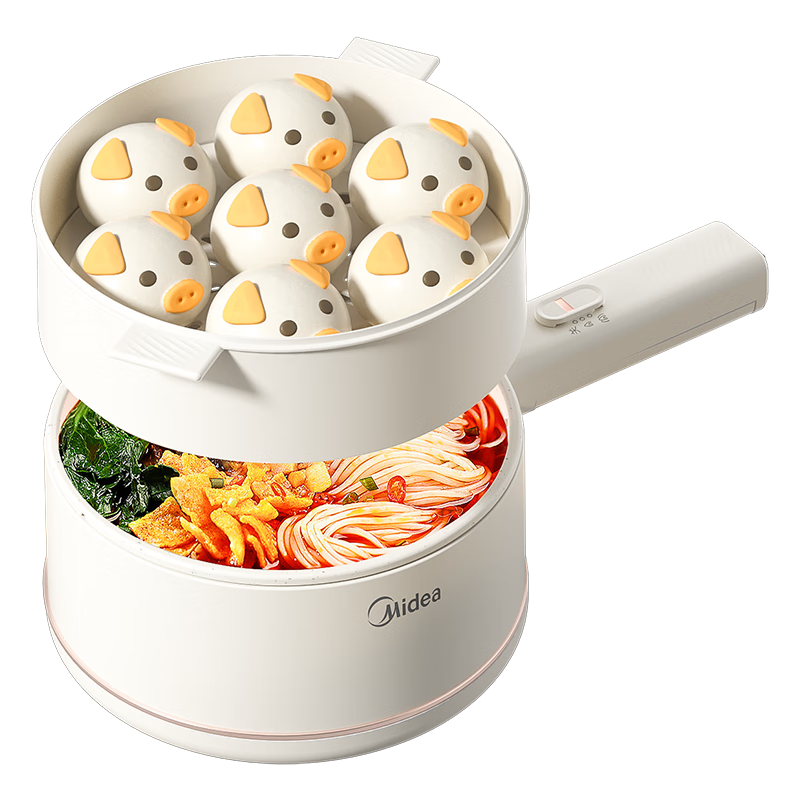Midea Electric Cooking Pot, Small Electric Pot, Steamer Pot, Dormitory Multi-Functional Pot for Baby Food, 1.6L Student Dormitory All-In Instant Noodle Hot Pot Electric Cooker XZE2017 with Steamer Basket