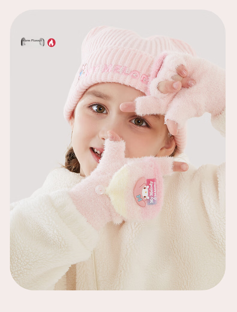 Hello Kitty Children's Winter Warm Knitted Half-Finger Gloves Cute Girls Big Kids Writing 3121D Melody Pink 5