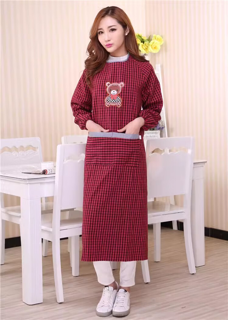 Minggu Long Sleeve Apron Cotton Coarse Cloth Reversible Work Apron Red Mixed Plaid Length 118CM CW667350 11