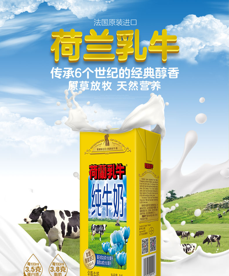 法国原装进口 荷兰乳牛全脂纯牛奶1l*6 整箱装