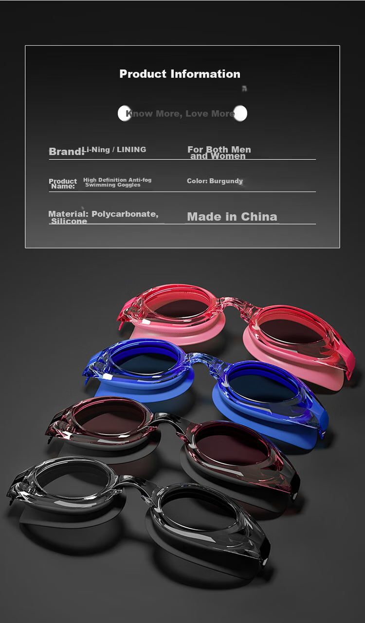 Li-Ning , Swimming Goggles for Men And Women, Adult Non-Prescription Swimming Professional Training High-Definition Waterproof Anti-Fog Protective Eyewear Swimming Glasses, Jujube Red 8