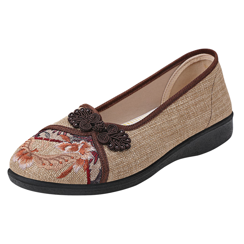 BUS HEYUAN Soft Sole Breathable Flats, Buckle Mom Shoes, Slip-On Shoes, Traditional Beijing Cloth Shoes for Women 510-1332, Brown, Size 38