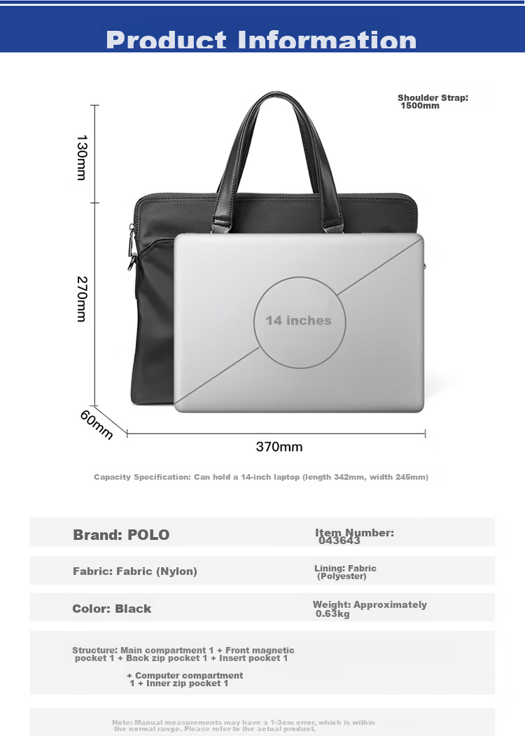POLO Briefcase, Men's Casual Business Bag, Handbag, Large Capacity Office Bag, 14-Inch Laptop Bag, Document Bag, Black 7