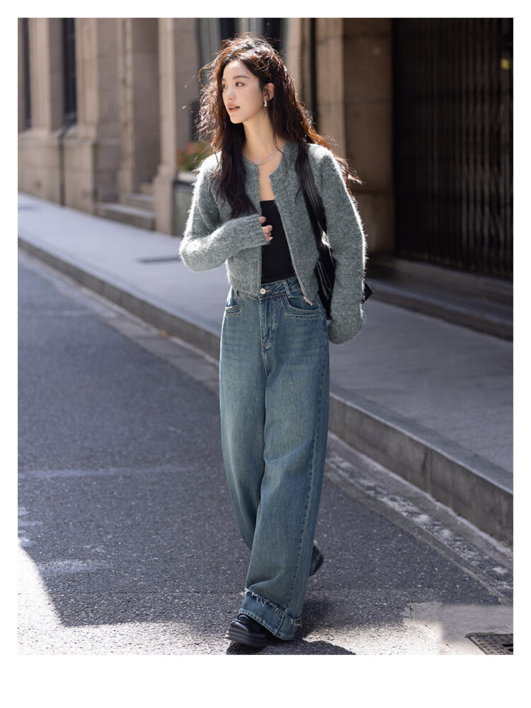 Dme [Gray Plush Knit Jacket] Autumn Round Neck Opening Placket Zipper Design Long-Sleeve Knit Sweater, Gray, S 8